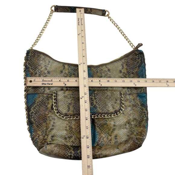 Gianni Bini Faux Snake Print Chain Slouch Bag With Front Pocket & Zipper Closure - Picture 3 of 4